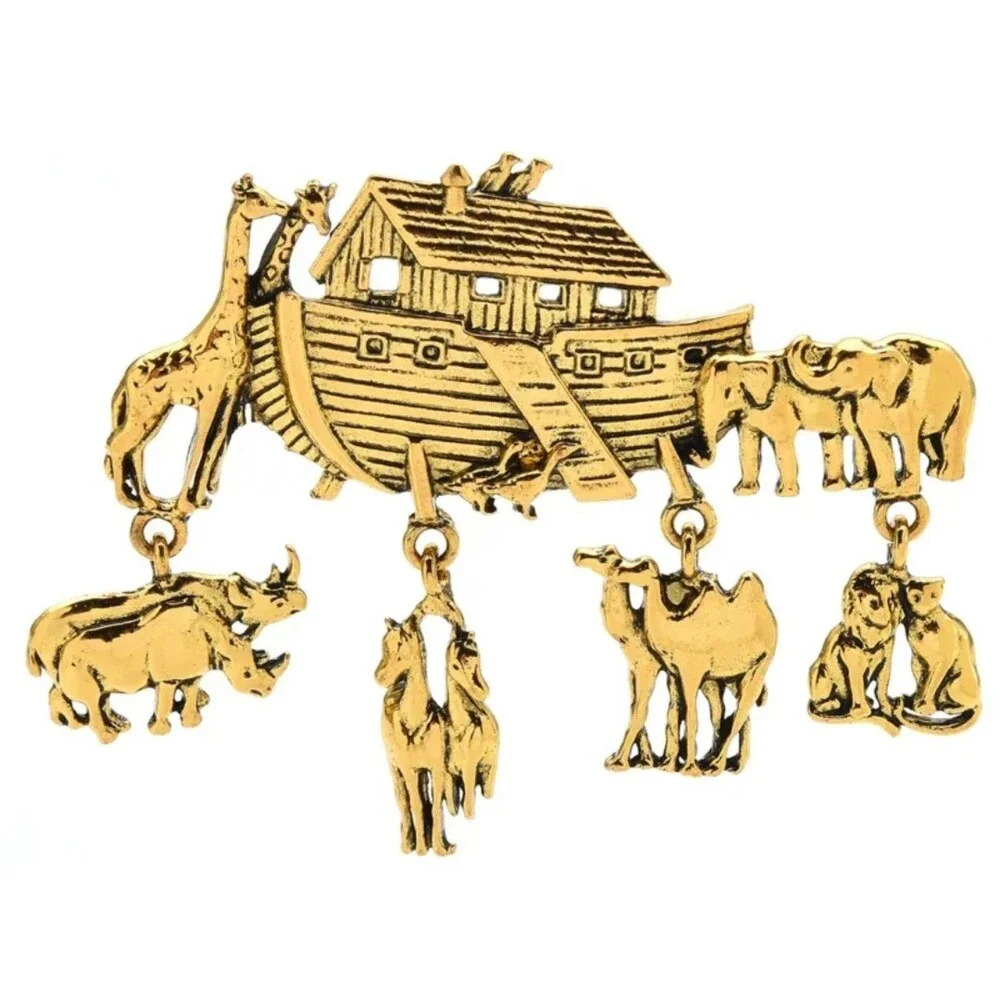 Gold Tone Noah’s Ark Brooch Pin Vintage Religious Animal Jewelry Gift